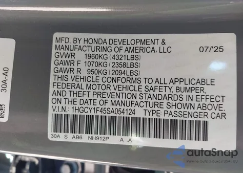 2025 Honda Accord Se from USA, damaged, VIN 1HGCY1F45SA054124